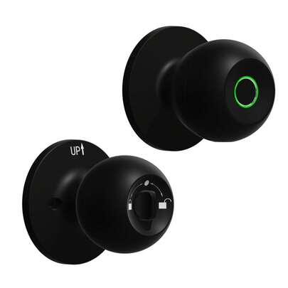 Puño de puerta con huella dactilar inteligente en negro, un candado biométrico que se puede controlar a través de una aplicación y que incluye una llave, proporcionando acceso sin llave para hogares, dormitorios, apartamentos y oficinas.