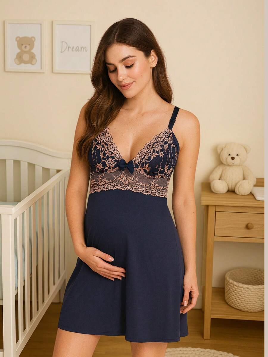 Postpartum And Maternity Nursing Nightgown With No Pads And Two-Tone Lace. - 藏蓝色 - 查看 1