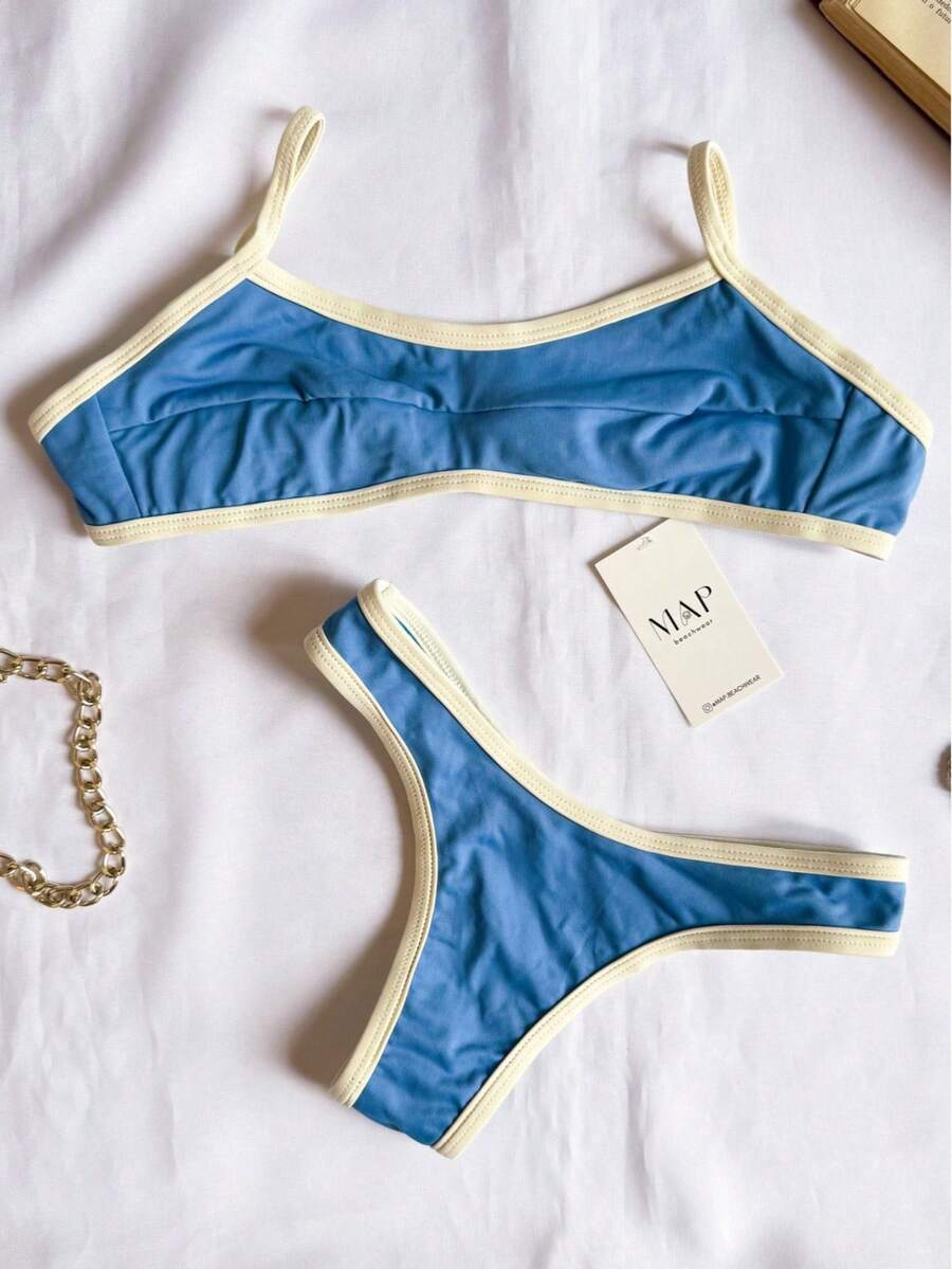 Two-Tone Bikini Top, Retro Vintage, Delta Wing Panties - Blue With Off (Vintage) - View 1