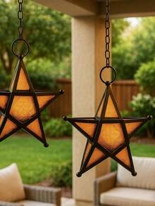 European Retro Style Color Windproof Glass Candle Holder, Pentagram Iron Hanging Embossed Glass Candle Holder ( Candles Not Included ), Holiday Atmosphere Atmosphere Home Decoration Pendant Glass Star Lantern Hanging Ornaments - Tea Light Lantern Window Hangings Living Room Patio Balcony Decoration Vintage