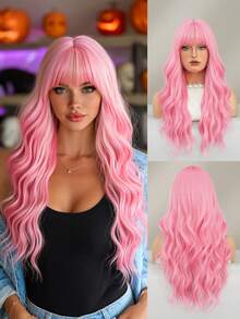 7JHH WIGS 24 Inch Sakura Pink Long Wavy Wigs For Women,Gorgeous Loose Wave Curly Wig With Bangs, Heat Resistant Fiber Synthetic Full Machine Wig For Girls Music Festival Party Streetwear, Anime Or Costume Use - 粉色 - 查看 2