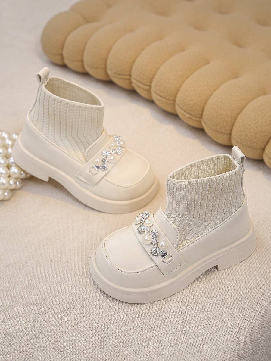 1 双女童珍珠和水钻装饰针织舒适平底踝靴，适合秋冬季日常和户外穿着