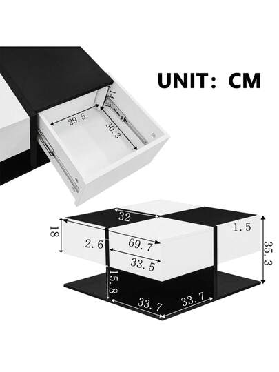 Moderne Coffee Tafel Zwart Wit 70*70*35.5 Drawers, Square Living Room Storage Space, High Gloss Zachte Drawer Rails view 2
