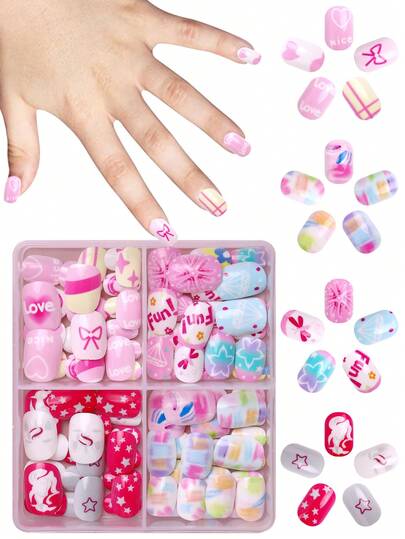 NAIO 96 Pieces/Set Y2K Baddie Style Kids Press-On Nails Acrylic False Nails Pre-Glued Full Cover Glitter Cute Gradient, Bows, Hearts, Flowers, Stars And Other Elements Short Kids Stick-On False Nails Set Suitable For Kids Little Girls - Cute Pink Girly Theme