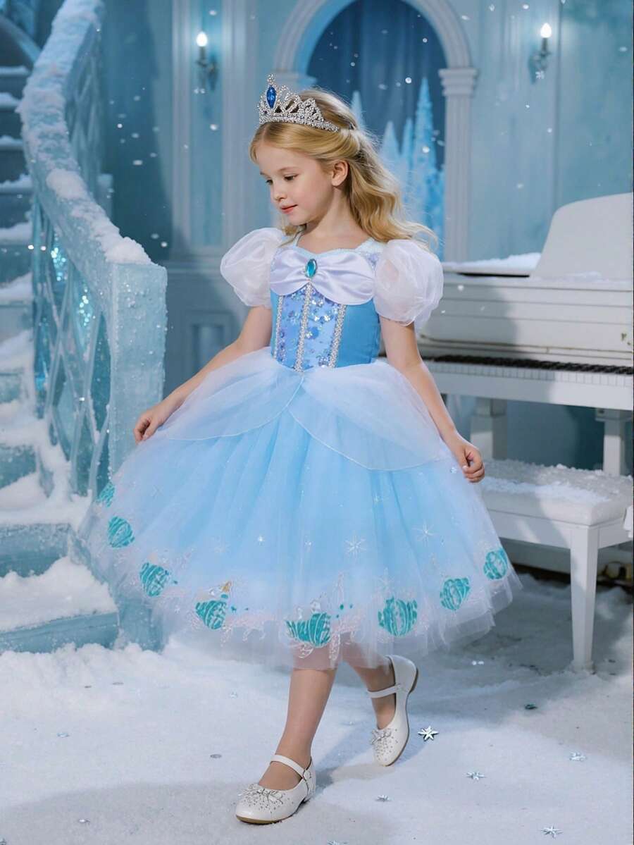 Blue Puff Sleeve Dress, Elegant Party Dress, Ice Princess Dress, Suitable For Girls Birthday Party, Banquet, Wedding Flower Girl, Christmas