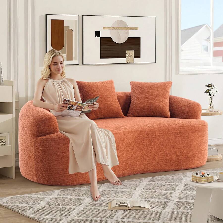 65" Curved Small Loveseat Sofa,Cozy Chenille Upholstered Couch With 3 Pillows,Modern Deep Seat Cloud Couch Memory Foam Compression Sofa,For Living Room Apartment Office,No Assembly Needed - Màu Hồng  San hô - Xem 1