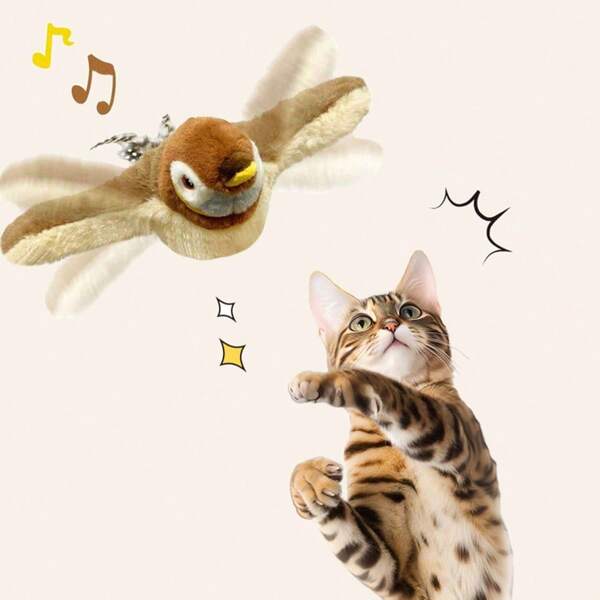 1 pieza Juguete aleatorio para gatos Migipaws, pájaro volador interactivo y realista tipo petirrojo con plumas colgantes de cuerda elástica, con catnip, con sonido de pío automático, juguete de peluche con diseño de gorrión para mascotas, juguete masticable y rechinante duradero para gatos