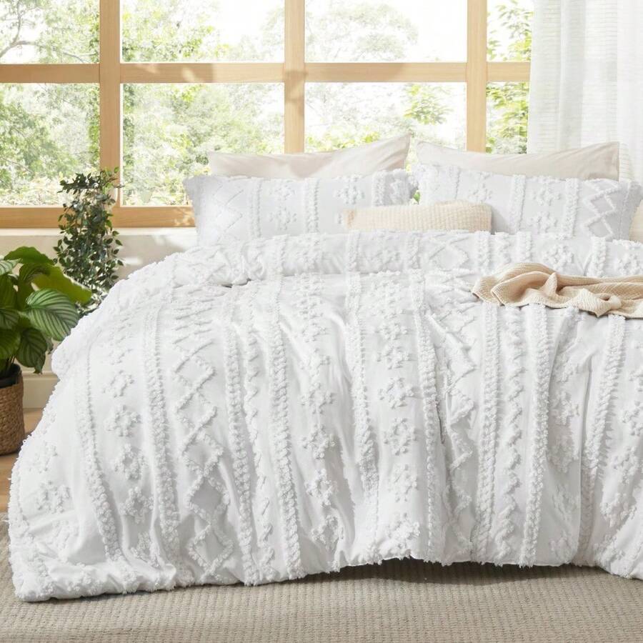 Bedsure Mother's Day Tufted Boho Comforter Set - Linen Boho Bed Set, GentleSoft™ 3 Pieces Farmhouse Shabby Chic Embroidery Bedding, For Spring Decor, Wedding Decor, Easter Decor, Room Decor, Home Decor - 漂白 - 查看 1