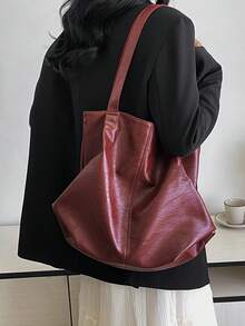 大容量手提包，复古风格仿皮手提包，带前袋，适合工作和旅行 - 酒紅色 - 查看 7