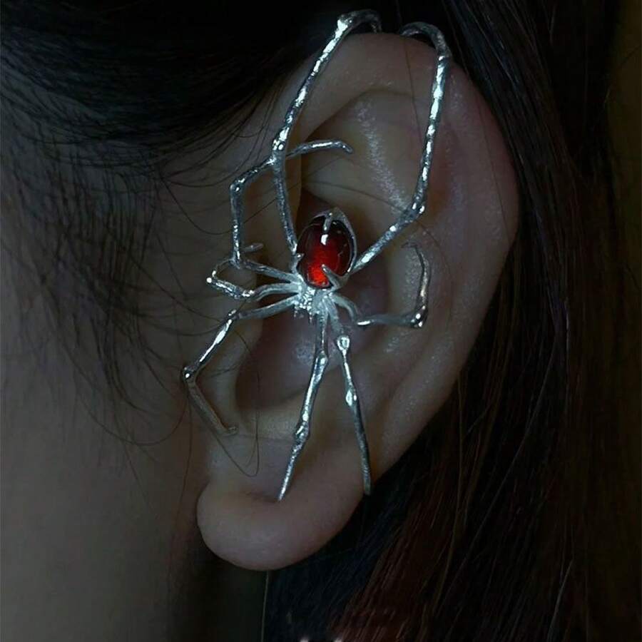 Dark Gothic Style Crawling Spider Ear Cuff Piercing Ear Clip, Creative Design Sweet Cool Punk Personality Exaggerated Ear Clip Earrings, Unisex Halloween Party Costume Accessories - 銀色 - 查看 1