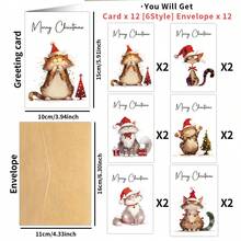 12pcs Merry Christmas Greeting Cards With Envelopes, Cute Cat With Xmas Hat Design, Festive Wishes Cards For Holidays, Xmas Celebrations And Parties - Suitable For Anyone - Multicolor - View 2