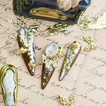 Handmade Shiny Gold Press On Nails - Original Design Luxury 3D Glitter Gold Leaf & Gemstone Long Stiletto False Nails, Reusable Artistic Nail Set For Women (10 Pcs)