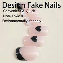 Short Press On Nails Square Fake Nails French Tip False Nails Cute Acrylic Nails With Design Black Heart Glue On Nails Glitter Glossy Full Cover Stick On Nails For Women Manicure 24Pcs - 黑色法國 - 查看 5