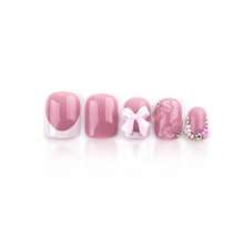 Pink Press On Short Square Fake Nails With 3D Bow Charms Design - Flower False Glue On Cute Acrylic Rhinestone Glossy Full Cover Stick On For Women Manicure - 24Pcs - Dark Pink - View 5