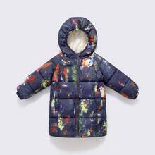 1 pieza Abrigo acolchado de algodón con capucha elástica de color azul marino y multicolor para niños, Parka de algodón de longitud media para niños y niñas, Chaqueta con cremallera para niños, Ropa de algodón para niños pequeños