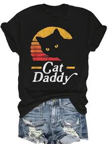 Camiseta con letras y patrones divertidos, unisex, de verano, casual, transpirable, con personalidad, cuello redondo, manga corta, ropa de calle, versátil, adecuada para adolescentes y adultos - Negro - Ver 1