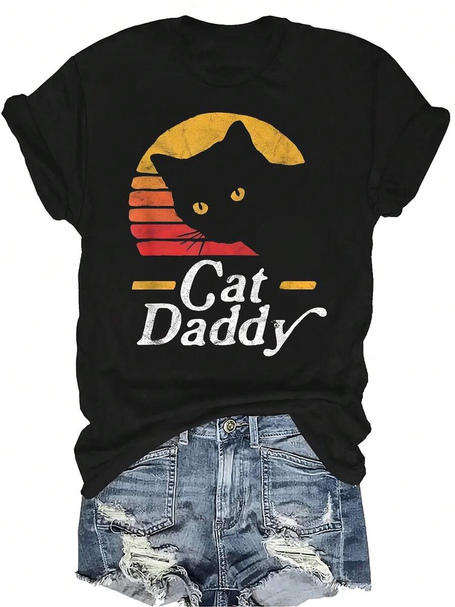 Camiseta con letras y patrones divertidos, unisex, de verano, casual, transpirable, con personalidad, cuello redondo, manga corta, ropa de calle, versátil, adecuada para adolescentes y adultos - Negro - Ver 1