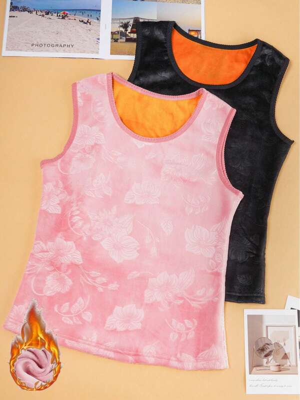 2 piezas Chaleco casual versátil de mujer con cuello de encaje, de doble capa de jacquard tejido y forro térmico, para otoño/invierno