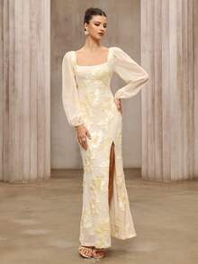 D&M 女士网纱刺绣雪纺方领露背长袖开衩下摆晚礼服，适合日常及婚礼派对穿着，秋季服装，毕业典礼礼服，优雅