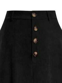 Chân váy chữ A cạp cao kiểu vintage bằng vải nhung kẻ dành cho nữ cỡ lớn, cạp chun co giãn, thiết kế cài nút, màu đen mùa xuân. - màu đen - Xem 3