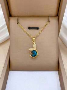 1pc Stainless Steel Ladies Necklace With Moon Shape Pendant Decorated With Starry Sky Stone And Rhinestone {Necklace Box Not Included} - 金子 - 查看 5