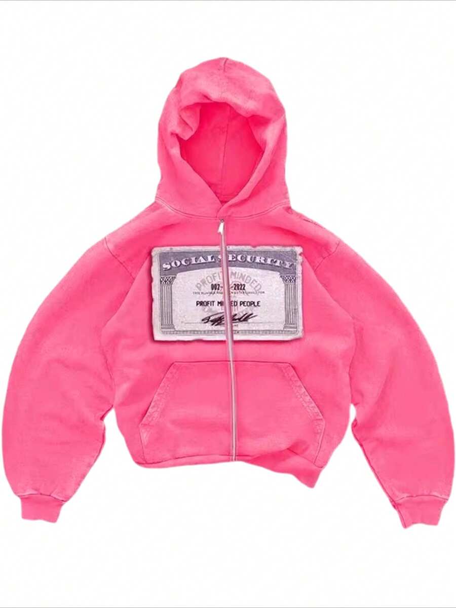 Street Style Women'S Hoodie Day Outfit, Autumn Harajuku Style Y2k Pink Sweatshirt, Casual And Simple Retro Jacket, Elegant And Versatile Commuter Hoodie, Social Security Card Print Jacket Vacation Outfits For Women - Hồng - Xem 1