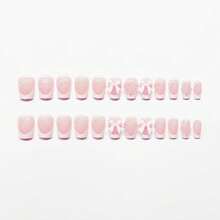 Short Press On Square Fake Nails - White French Tip, Pink Acrylic, Pearl Bow Charms Design - Glue On, Glossy Full Cover Stick On Nails - 24 Pcs - 粉色 - 查看 2