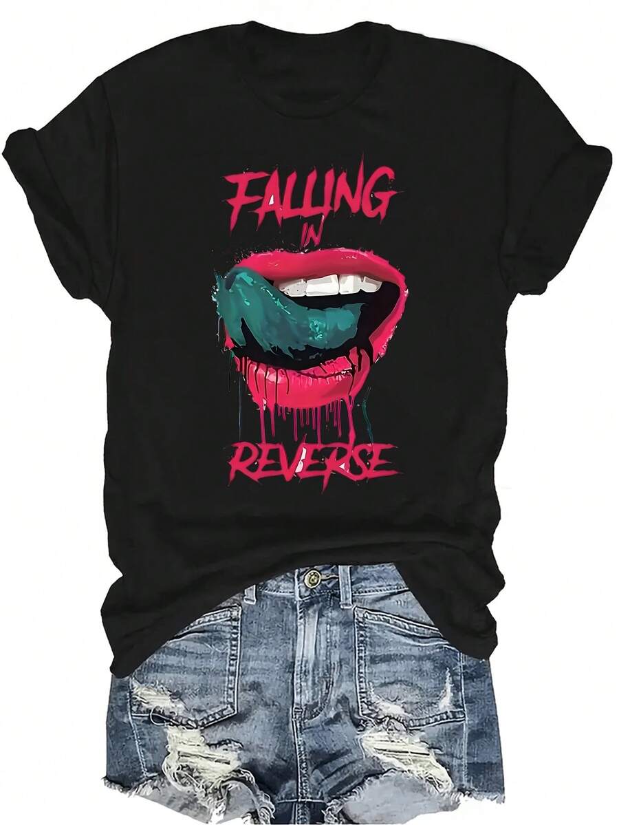 Camiseta con estampado de Falling-In-Reverse, unisex, de verano, casual, transpirable, con personalidad, cuello redondo, manga corta, ropa de calle, versátil, adecuada para adolescentes y adultos - Negro - Ver 1