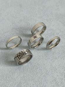 5/7 件时尚不锈钢十字蜘蛛文字罗马字符装饰元素男士戒指套装适合男女日常搭配使用节日首饰约会订婚结婚礼物首饰