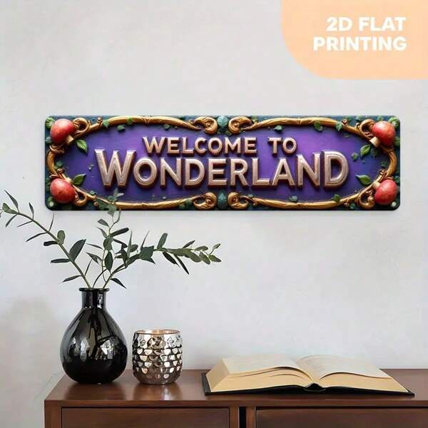 1pc Vintage "Welcome To Wonderland" Metal Sign, Retro 2D With Ornate Floral Frame, Teal And Gold Wall Art, Suitable For Garden, Home, Bar Or Cafe Decor, Front Door Hanging Decoration