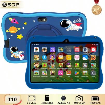 BDF 4GB RAM+64GB ROM/7-Inch Children's Tablet/4-Core 1.3GHz/Android 13 MTK8321/1280x800 IPS High-Definition Resolution IPS Screen/2MP+5MP Camera/4000mAh Large Battery/Supports WiFi Parental Control Educational Games/Uses ABS Plastic+Silicone BDF T10 Children's Education Tablet (Including: Packaging Box/Data Cable/Manual/OTG/Card Needle)