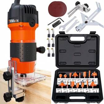 THINKWORK Compact Router, 6.5-Amp 1.25 Dust Hood Compact Router Tools Woodworking With 15 Pieces 1/4 Router Bits Set Guide Router Bit Wood Router