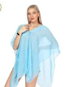Poncho de unicolor elegante con degradado, capa ligera de mujer de gasa y perlas, chal decorativo versátil de moda para mujer para la playa, protección solar, viajes y uso diario