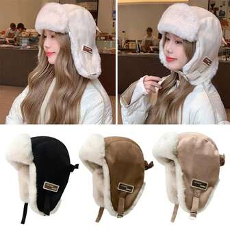 Outdoor Plush Pilot Hat, Lei Feng Hat, Thick Warm Winter Hat, Windproof Meika Leather Hat, Men's And Women's Plush Plush Warm Hat, Ski Cycling Windproof Thick Winter Velvet Lei Feng Hat Warm Hat, Polyester Waterproof Hunter Hat, Ear Protection, Windproof And Cold Winter Wear Suede Warm Hat