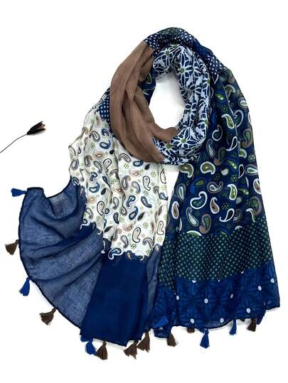 1 pieza Pañuelo estampado simple, chal con flecos ligero y transpirable, diseño elegante y de moda para mujer, pañuelo de seda versátil para primavera/verano, protección solar para exteriores, pañuelo para vestido