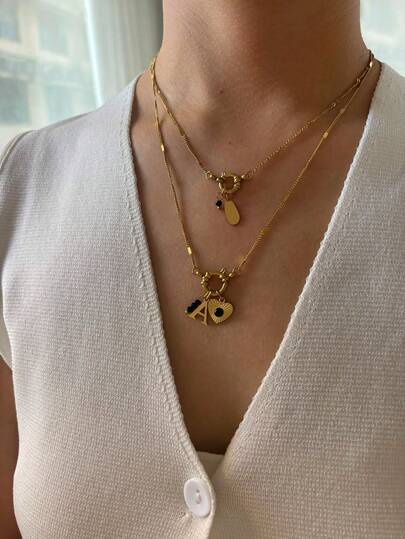 Monlansher 1 件不锈钢扁平蛇链项链，带字母、心形和锚饰物，26 个字母，时尚多层吊坠项链，适合女士情人节、妈妈、母亲、母亲节、礼物