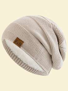 JZML 1pc Unisex Letter Label Decor Plush Lined Slouchy Beanie - Beige - View 5