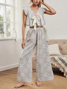 Women Y2K Floral 2Pcs Pajamas Set Ruffled V Neck Cap Sleeve Bow Tie Front Shirts Crop Tops And Side Bow Elastic Wide Leg Pants Sets Summer Fall Pj Sleepwear Loungewear Cute Two Pieces Pjs Matching Outfits - 藍白色 - 查看 3