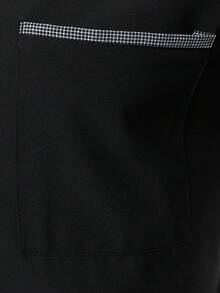 男士格子休闲短袖衬衫，拼布撞色格子和纯色衬衫 - 黑色 - 查看 4