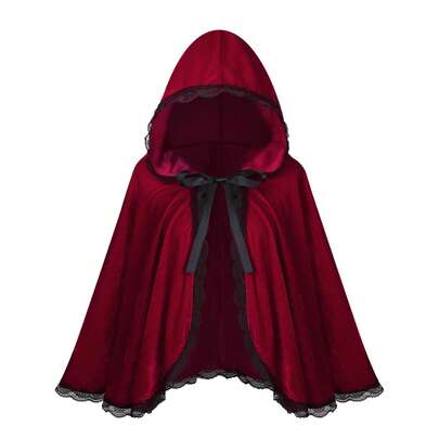 Burgundy Velvet Black Lace Hooded Velvet Cape Women's Cape Christmas Cosplay Party Fancy Cape