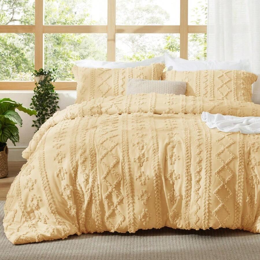 Bedsure Summer Vacation Bedding Set (Holiday Essentials), Tufted Boho Comforter Set, GentleSoft™ 3 Pieces Farmhouse Shabby Chic Embroidery Bedding, High-Quality Polyester Microfiber Summer Bedding Set, Cal King/King/Queen/Full/Twin/Twin XL Cooling Comforter Set, Soft Bedding Set Gift For Graduation/Vacation/Birthday Decoration/Back To School, For Room Decor, Home Decor, Bedroom Decor, Dorm Decor, Father's Day Gift - 黑斑羚黃 - 查看 1