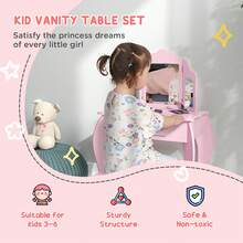 HOMCOM Kids Vanity Table And Chair Set, Girls Vanity Set With Tri-Folding Mirror And Stool, Makeup Dressing Table With Drawer, Pink - Pink - View 3