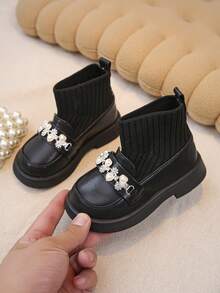 1 Pair Girls Pearl & Rhinestone Decor Knit Comfortable Flat Ankle Boots, Suitable For Daily & Outdoor Wear, Autumn/Winter - Black - View 4