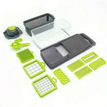 13/14 piezas Picador manual de verduras y cebollas - Negro/Verde gris, Picador de verduras multifunción con cuchillas intercambiables, incluye cesta escurridor y recipiente - Herramienta de cocina ergonómica, apta para cortar zanahoria, ajo, patata - Utensilio de cocina doméstico - Multicolor - Ver 13