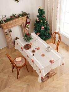 1 pieza Mantel con bordado de hoja de arce beige y campana, tema navideño de fibra de poliéster con encaje decorativo con borde de encaje para sala de estar, dormitorio, cocina, decoración navideña