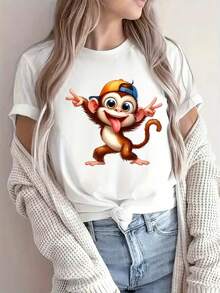 Camiseta Gráfica De Mono Divertido Para Mujeres - Lindo Camiseta De Verano Con Diseño De Mono De Dibujos Animados, Algodón Ligero Y Transpirable, Perfecto Para Uso Casual, Vacaciones Y Especiales. - Blanco - Ver 3