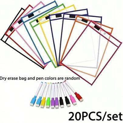 12/20pcs Reusable Dry Erase Pockets Set, Extra Large Writing Wipes With Clear Plastic Sheet Protector For Teachers School Classroom Supplies, 10 Dry Erase Bags + 10 Pens