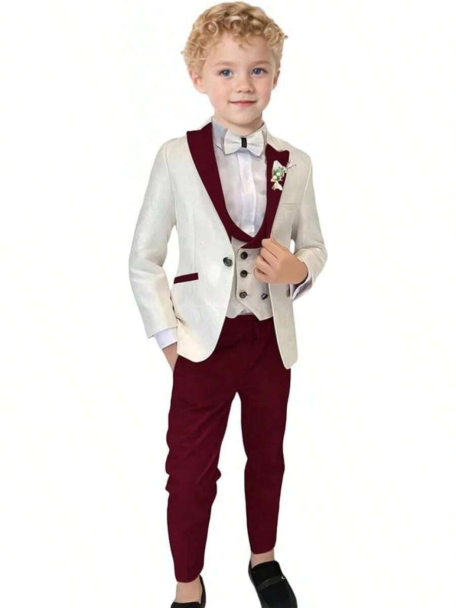 Boys Floral Jacquard 3 Piece Peak Lapel Tuxedo Suit Set Formal Kids Outfit For Wedding Party - Đỏ tía - Xem 1