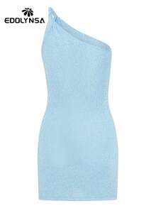 漂亮颜色性感针织单肩挂脖海滩迷你2025女式节日派对连衣裙套装时尚沙滩装泳衣罩衫 - 藍色 - 查看 5