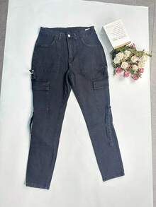 Quần jean cargo dáng skinny phong cách Y2K dành cho nữ cỡ lớn, màu đen, thích hợp cho mùa thu và mùa xuân. - màu đen - Xem 6